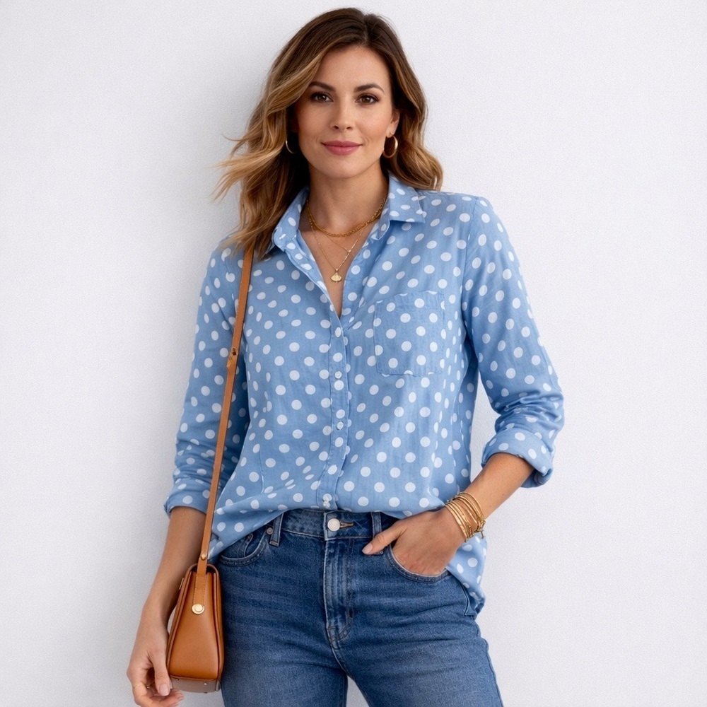 Loft Womens Blue & White Polka Dot Top Shirt Sz L Button Front Long Sleeve